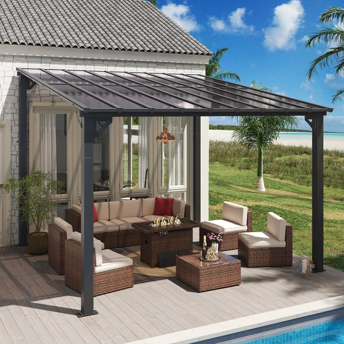 Aoxun 8' x 5' Gazebo for Patio, Gazebo Pergola with Sloped Roof, Grill Gazebo Large Wall-Mounted Heavy Duty Awnings, for Backyard, Deck, Patio