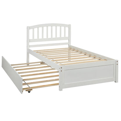 Aukfa Twin Platform Bed with Trundle - Trundle Bed with Headboard for Kids Teens - White