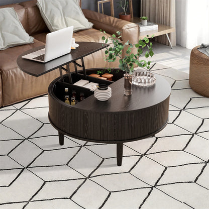 Oubayajia Round Coffee Table, Small Fluted Lift Top Center Table for Home Living Room Office, Walnut