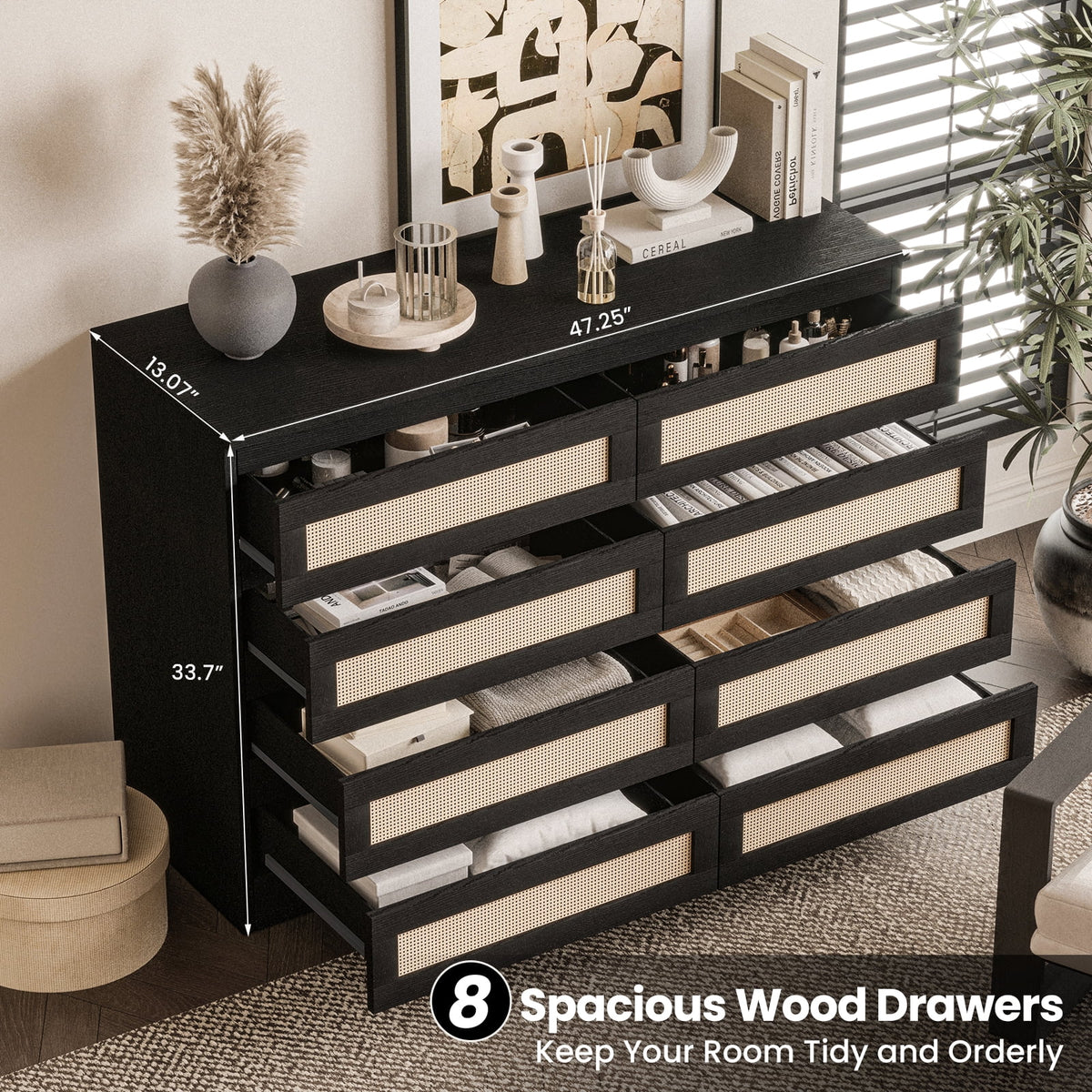 Jojoka 6-Drawers Rattan Dresser for Bedroom Chest of Drawers, TV Stand for 55" TV, Wood Top Storage Organizer Cabinet for Living Room, Entryway, Hallway, Natural
