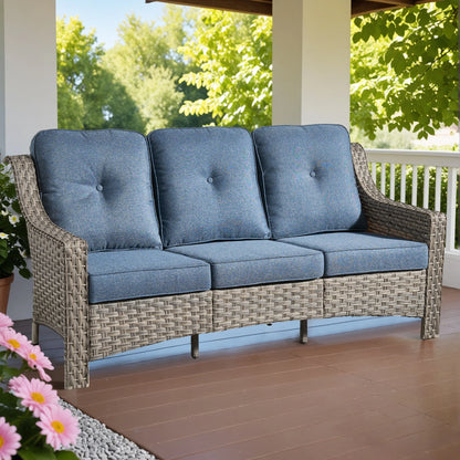Ovios Outdoor Patio Sofa 3-Seater with Cushions All-Weather Wicker Rattan Couch for Garden, Porch, or Backyard