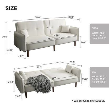 Convertible Futon Sofa Bed, 75�� Fabric Futon Couch with Adjustable Backrest, Folding Futon Sleeper Recliner for Living Room Furniture (White)