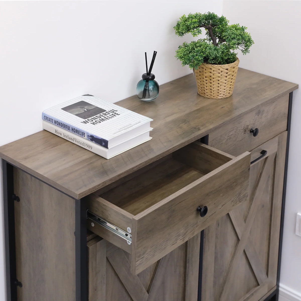 Pirecart 20 Gallon Double Tilt Out Trash Cabinet Wood Hidden Storage Cabinet, Recycling Cabinet with 2 Drawers, Black