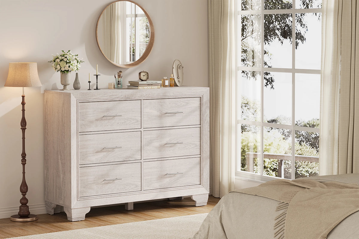 Homhougo White Dresser for Bedroom 6 Drawer, Wood Organizer Storage Cabinet with Gray Strip Drawer Door, Chest of Drawers for Closet, Living Room, Hallway, Nursery, Kids Bedroom