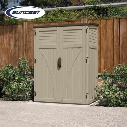 Suncast Large Vertical Shed for Storing Oudoor Tools, & Equipment, Sand