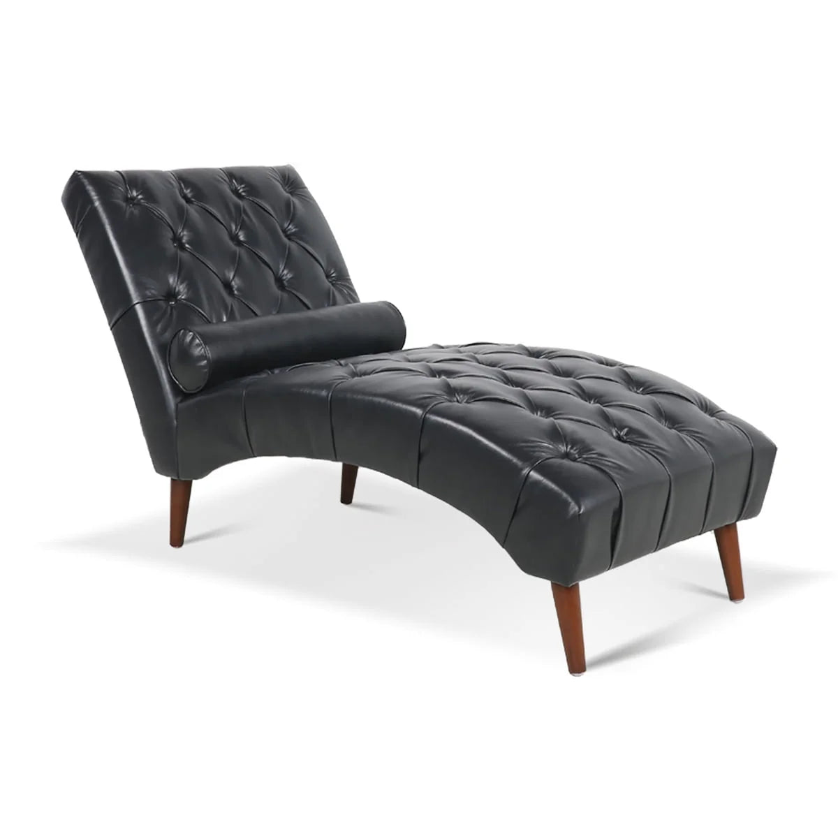 Upholstered Chaise Lounge, Indoor Recliner Sleeper Chair with Lumbar Pillow, Tufted Lounge Chair with Solid Wood Legs, Single Armless Rest Sofa Chair for Living Room Bedroom Office, Black PU