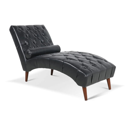 Upholstered Chaise Lounge, Indoor Recliner Sleeper Chair with Lumbar Pillow, Tufted Lounge Chair with Solid Wood Legs, Single Armless Rest Sofa Chair for Living Room Bedroom Office, Black PU