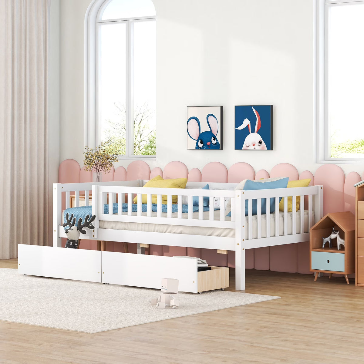 Holaki Twin Size Wood Bed with Guardrails and 2 Storage Drawers for Kids, Gray