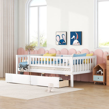 Holaki Twin Size Wood Bed with Guardrails and 2 Storage Drawers for Kids, Gray