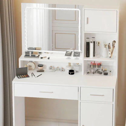 Kadyn Vanity Desk with Lighted Mirror, Vanity Table and Chair Set with 2 Drawers, Dressing Table Makeup Desk with 1 Door, Retro Gray