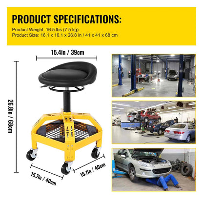 BENTISM Rolling Garage Stool, 300lbs Capacity, Adjustable Height from 24 in to 28.7 in, Mechanic Seat with 360-degree Swivel Wheels and Tool Tray, for Workshop, Auto Repair Shop, Yellow