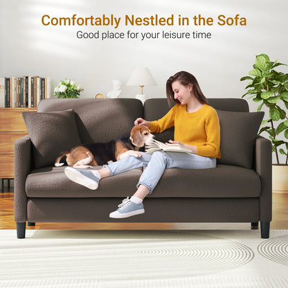 Loveseat Sofa,65" Comfy Teddy Fleece Love Seat Couch,Neche Extra Deep Seats Sofas,Tool-Free Setup Couch with 2 Pillows for Living Room,Coffee Brown