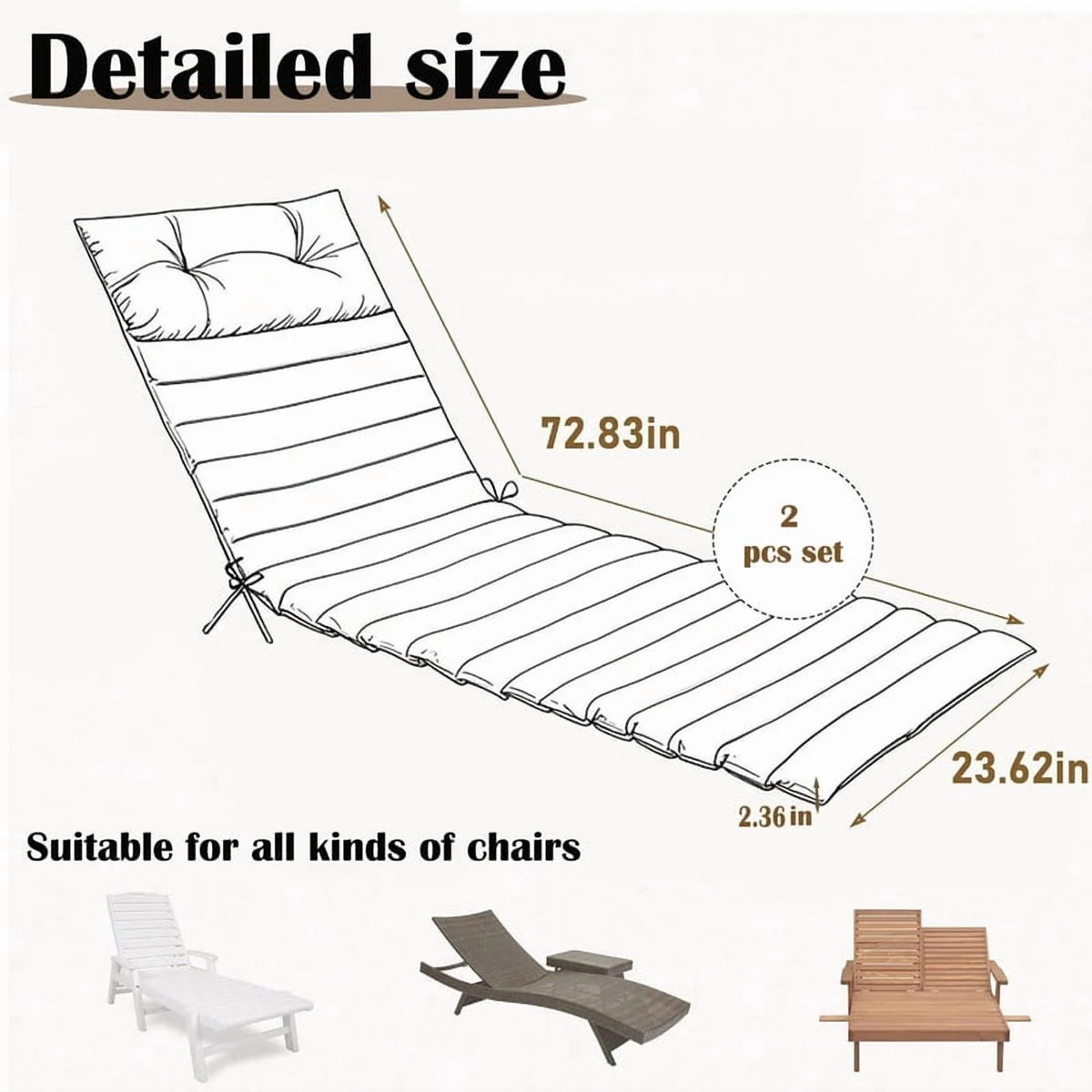 2pcs Outdoor Chaise Lounge Cushions, Waterproof Patio Foldable Chair Cushion for Garden Pool, 73 x 24in Sun Lounger Cushions for Outdoor Furniture��Navy blue��