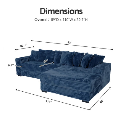 Advwin 110" Oversized L Shaped Sofa with Chaise, Comfy Plush 2-Piece L-Shaped Sectional Couches with 8 Pillows, Soft Fluffy Upholstered Sofa Bed for Living Room Apartment Bedroom, Light Gray
