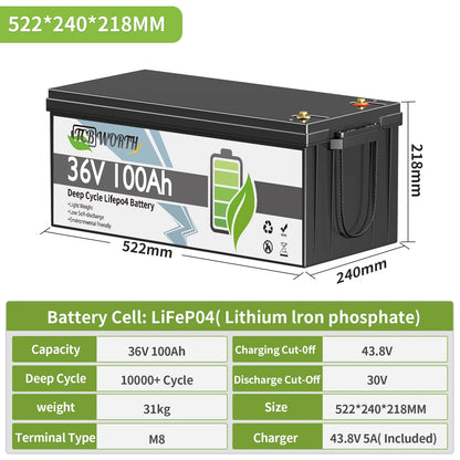 36V 100Ah LiFePO4 Battery,for Golf Carts,RV,Marine,Trolling Motor,Camper,200A BMS,15000+Deep Cycles,TCBWORTH Lithium Batteries,10 Years Lifetime