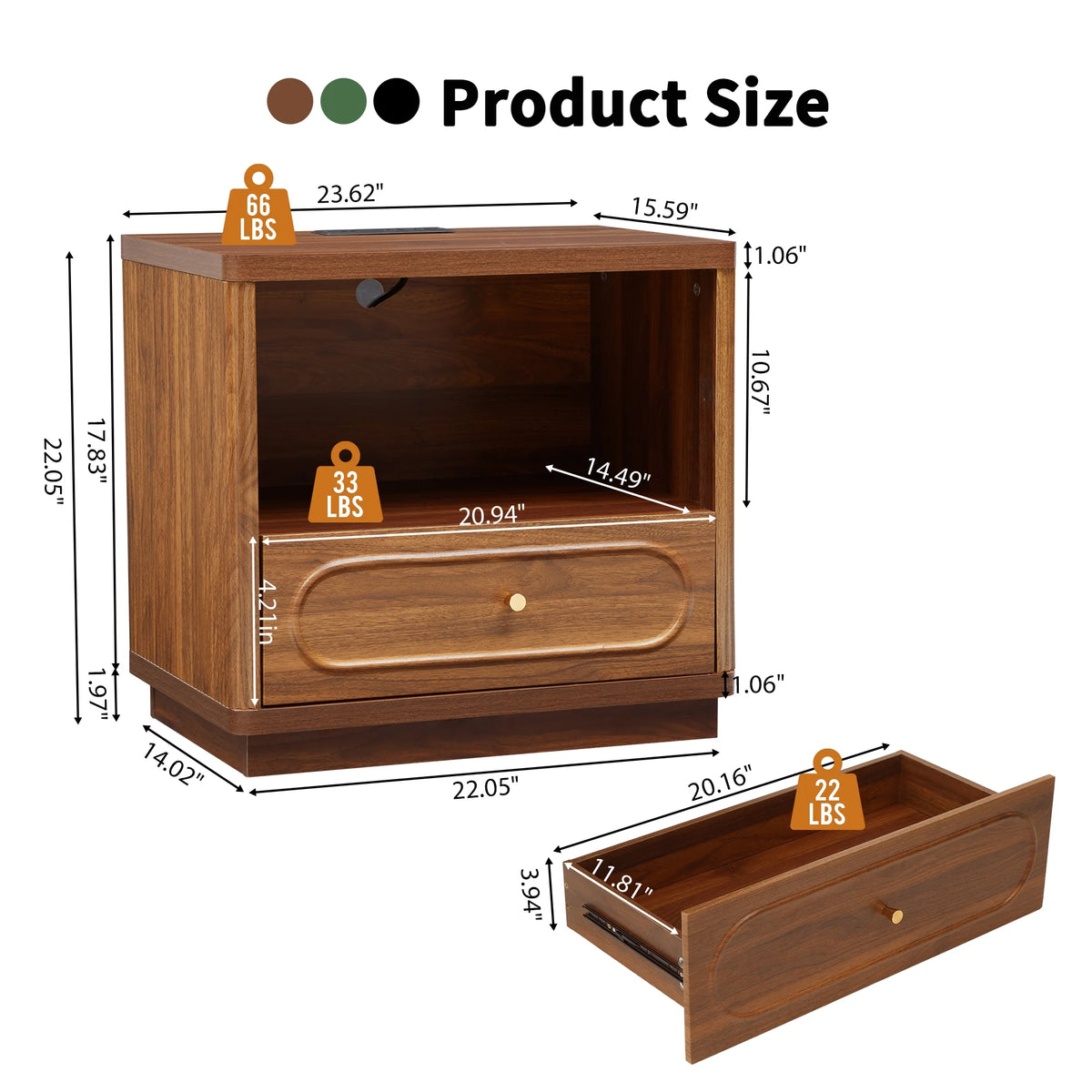 YOCWO 3 Drawer Nightstand, Classic Chest of Drawers with Arc Edge, Walnut