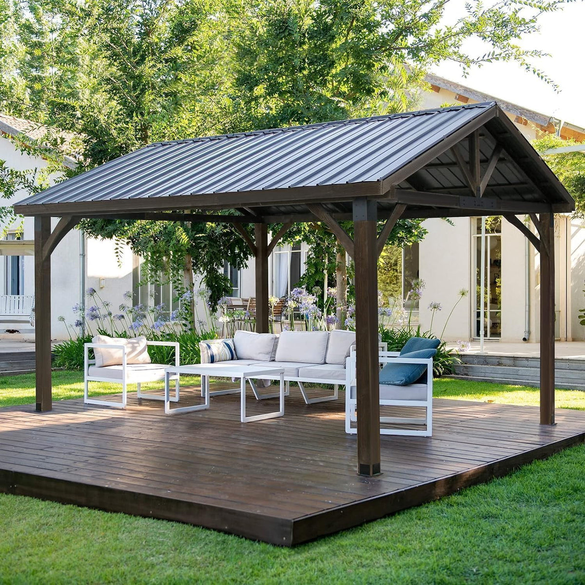 YODOLLA 14.5x12ft Outdoor Wooden Gazebo,Grill Pergola Gazebo Clearance Hard-Top Gazebo for Patios, Garden,Coffee
