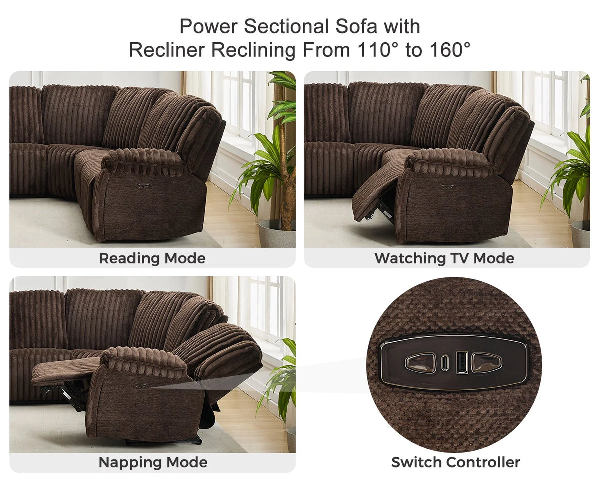 Power Reclining Sectional Sofa with Wireless Charger,6-Seater Faux Fur Sectional with Recliners,Hidden Cup Holders,Storage Console,USB & Type-C Ports,Black