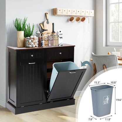 KIGOTY Dual Kitchen Trash Cabinet, Double Tilt Out Trash Can Cabinet with Countertop and Drawer, Free-Standing Pet Proof Recycling Cabinet Garbage Can Holder, Wood (White)