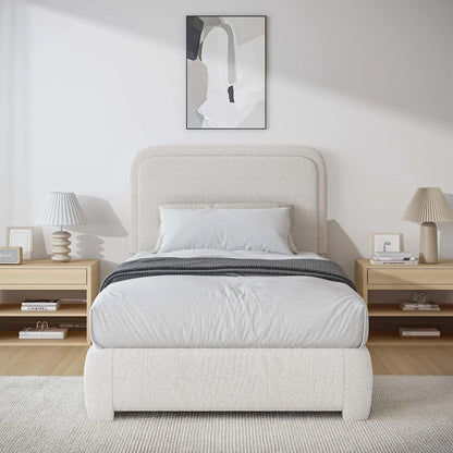 4 EVER WINNER Twin Size Bed Frame, Modern Bed Frame with Headboard, Boucle Fabric Upholstered Bed Frame, Soft Curved Headboard, Cream