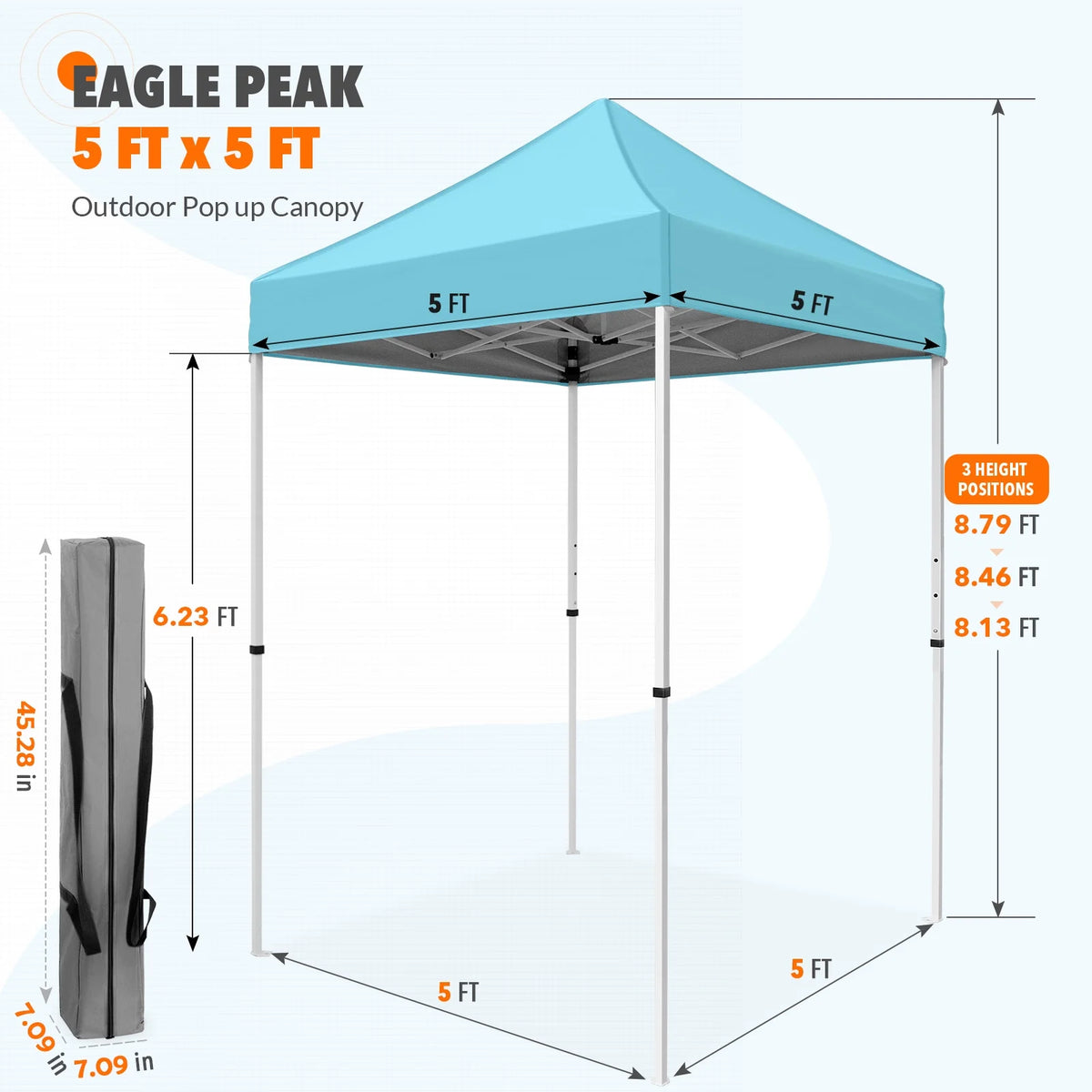 EAGLE PEAK 5x5 Pop Up Canopy Tent Instant Outdoor Canopy Easy Set-up Straight Leg Folding Shelter（Blue）
