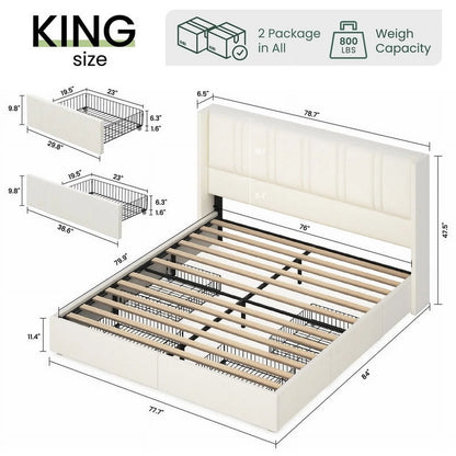 LARMACE King Size Upholstered Bed Frame with 4 Storage Drawers and Vertical Channel Tufted Headboard Linen Platform Bed Frame Wingback Beds with Wooden Slats Support, Beige