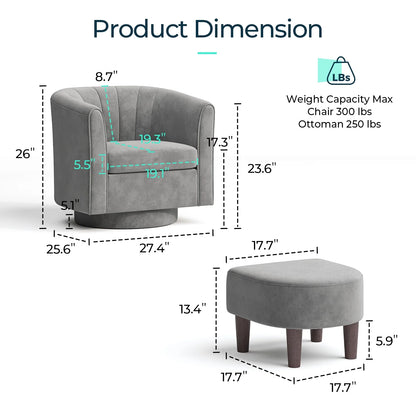 LINSY HOME Swivel Accent Chair with Ottoman, Velvet Barrel Chair for Living Room, Blue