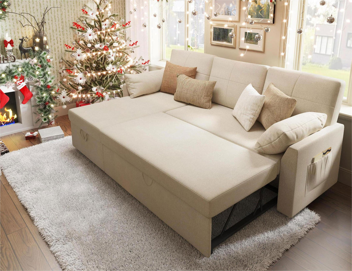 VANACC Sofa Bed, Adult Sleeper Sofa with Storage Chaise, Pull Out Couch for Bed Room, Gray Chenille
