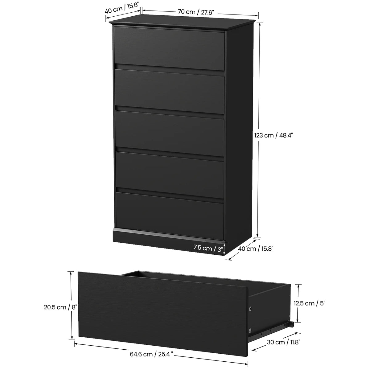 2 PCS  Dresser for Bedroom, 5 Drawer Dresser Black Chest of Drawers for Living Room Dressing Room Entryway -2PCS