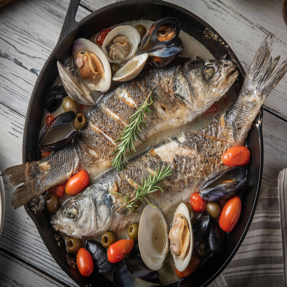 Whole Head On, Cleaned Branzino Fish (12-18 Oz. Per Fish), Min 7 Count, 10 Lbs. Total