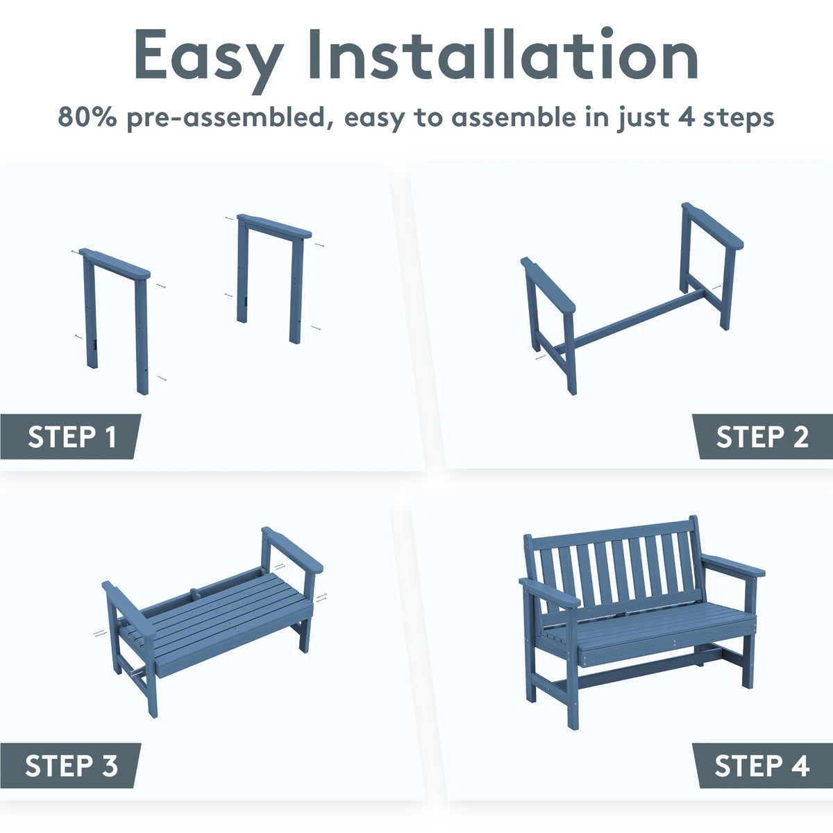 SERWALL Outdoor Bench for 2-Person, Weather-Resistant HDPE with Aluminum Reinforcement, Supports 660 lbs, Comfortable Seating for Patio, Garden, and Porch, Black