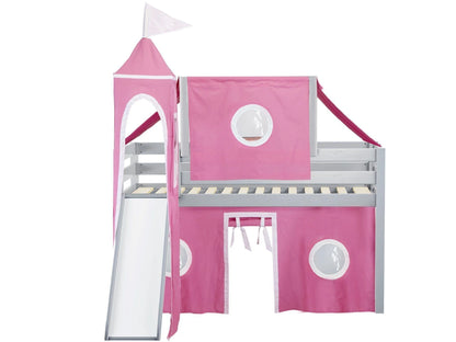 JACKPOT! Castle Low Loft Bed with Slide, Red Yellow and Blue Tent and Tower, Twin, Cherry