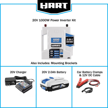 HART 20V 1000-Watt Max Automotive Power Inverter Kit, (1) 2.0Ah Lithium-Ion Battery