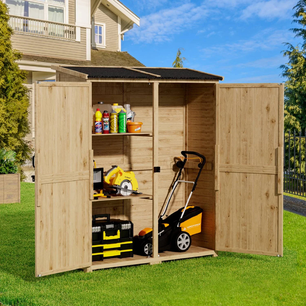 Outdoor Storage shed, Lofka Wooden Outdoor Storage Cabinet, with 2 Lockable Doors and Handles, 5.3ft x4.6ft, Natural