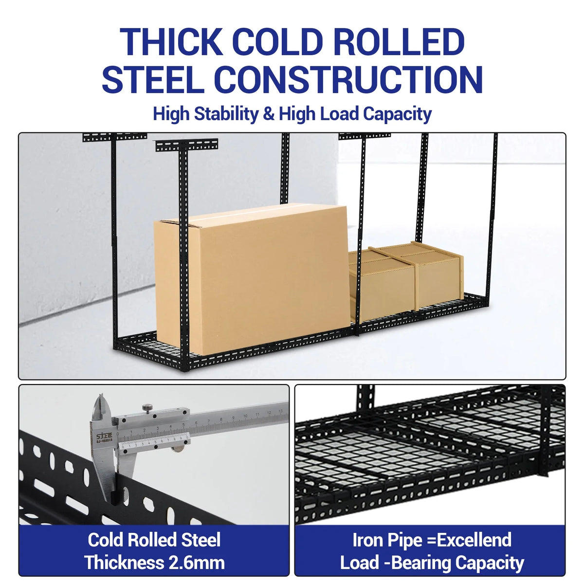 Overhead Garage Storage Rack - Heavy Duty 300kg Capacity, Adjustable 56-100cm Height, 180x120cm Black Steel Shelving with Hooks for Garage Organization