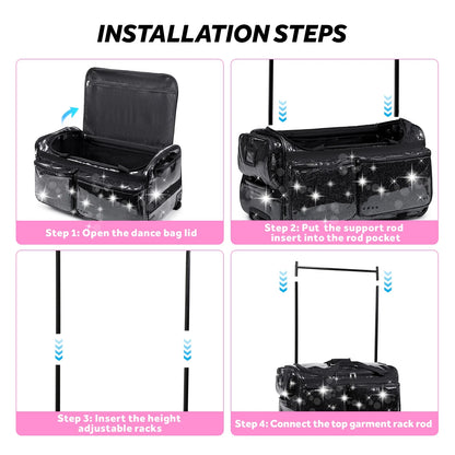 Dance Bag with Garment Rack,23"Glitter Rolling Dance Competition Bag with Organizer Bag, Collapsible Dance Travel Bag Suitcase for Dancers Performer Artist,Pink