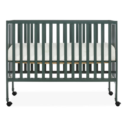 Dream On Me Quinn Full-Size Folding Crib. Removable Wheels. Modern Nursey. Adjustable Mattress Support. Patent Folding System in Olive