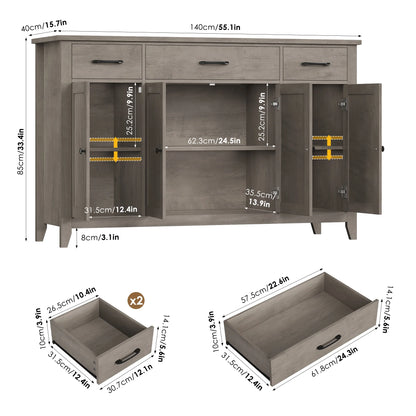 Hiphuta 55"Wide Buffet Cabinet with 2 Adjustable Shelves, Modern Farmhouse Coffee Bar with 3 Drawers and Sturdy Base for Living Room, White