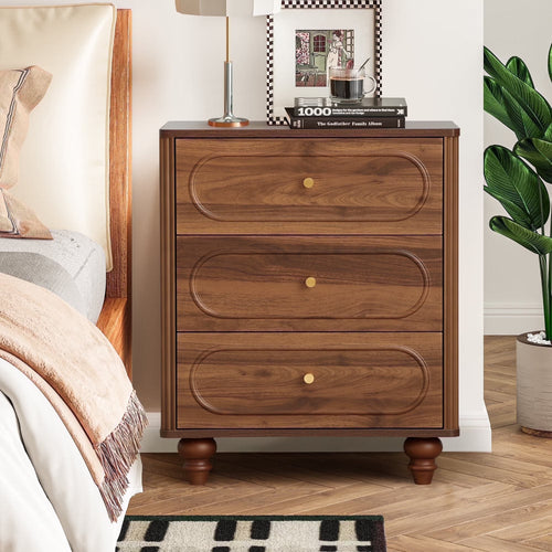 YOCWO 3 Drawer Nightstand, Classic Chest of Drawers with Arc Edge, Walnut