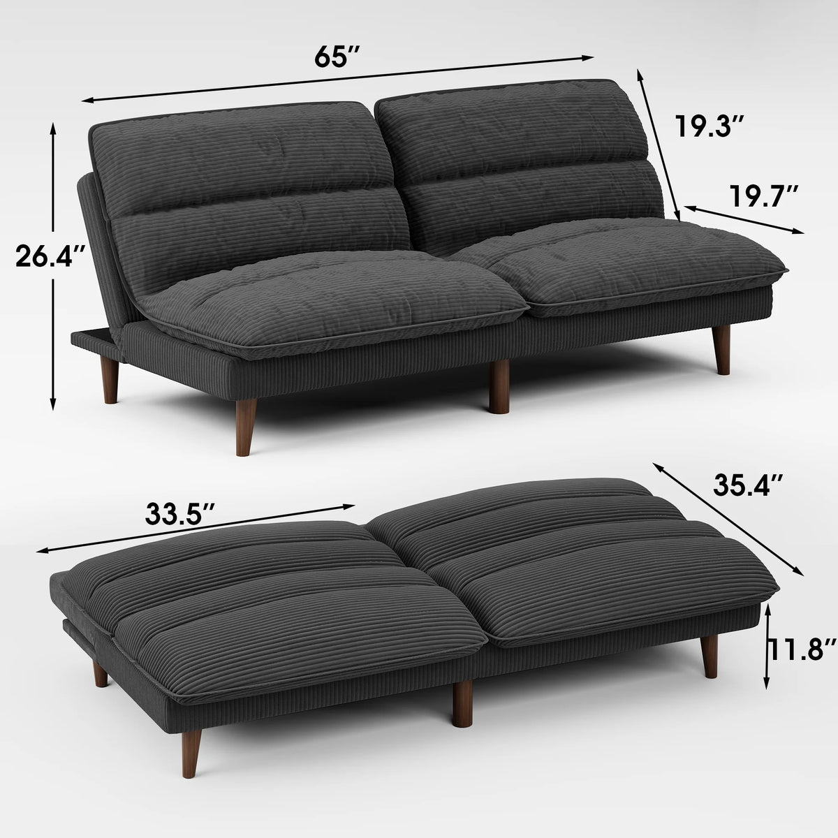 Homall Futon sofa, Two Seat Adjustable Sofa, Corduroy Fabric, Upholstered Sofa, Sofa Changeable into Bed, Leisure Reading and Games, Green