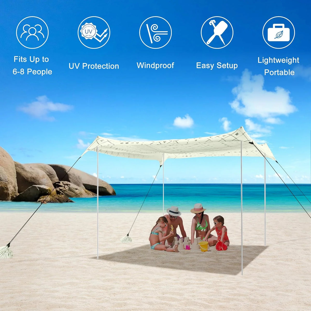 Beach Tent, UPF 50+ Beach Canopy Sun Shade, Portable 10×10 FT Large Pop-Up Beach Tent Sun Shelter with Sand Anchors, Ground Pegs, Easy Setup for Beach, Camping, Park, and Backyard Fun