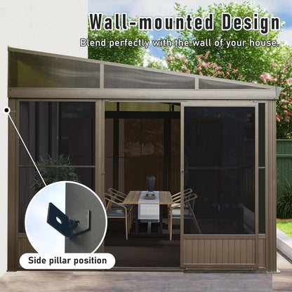 TOTAL Outdoor 10'x12' All-Season Sunroom Gazebo with Steel Roof, PVC Screen, Front & Side Door, Brown