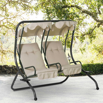 Outsunny 2-Seat Modern Steel Canopy Porch Swing with Cup Holder and Cushions, Beige/Black