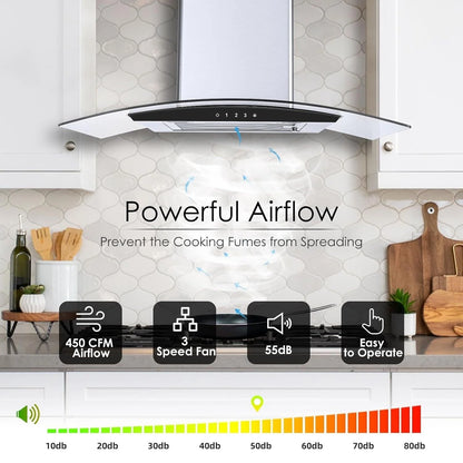 Tieasy 30-Inch Wall-Mounted Range Hood, 450CFM, Stainless Steel, 3-Speed Exhaust with Dishwasher-Safe Filter