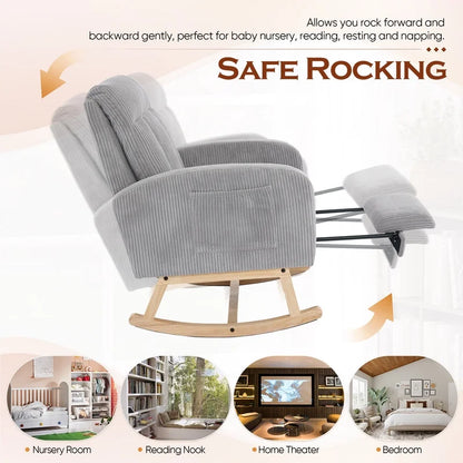 FFH Rocking Chair Nursery, Tufted Accent Rocker Chair, Upholstered Armchair with Adjustable Footrest, Side Pocket, High Backrest, Padded Seat, Polyester Blend (Retro, Dark Gray)