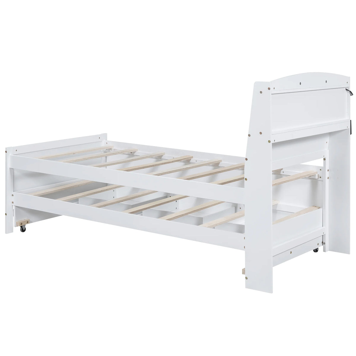 Euroco Wood Twin Size Platform Bed with Storage Headboard, Drawers Trundle and LED Light, White