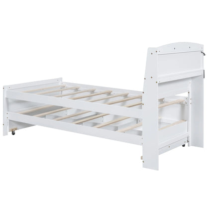 Euroco Wood Twin Size Platform Bed with Storage Headboard, Drawers Trundle and LED Light, White