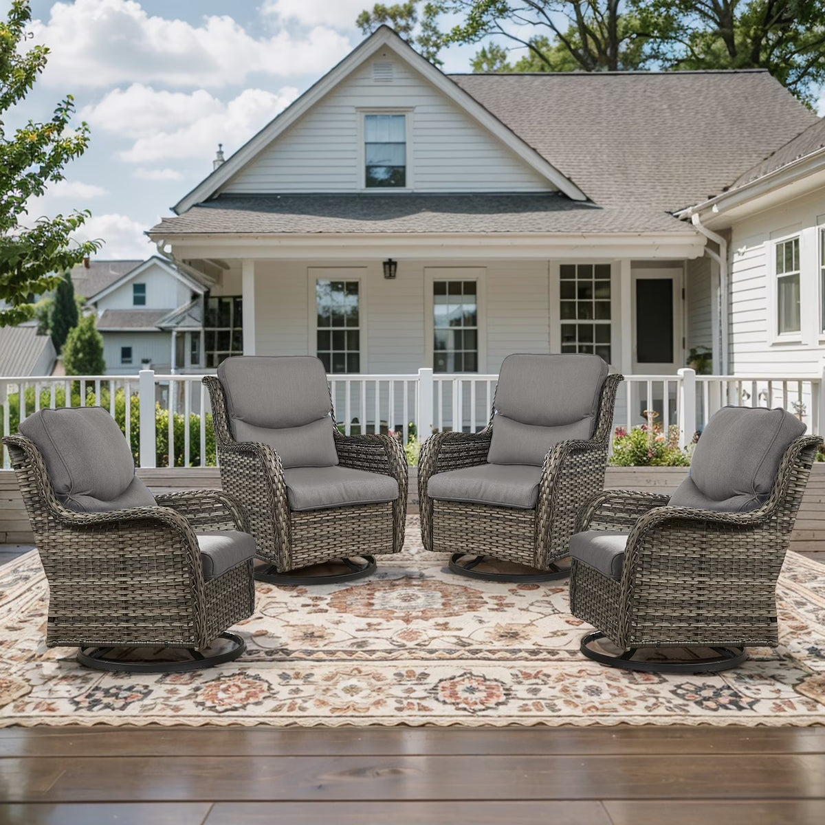 POCASSY Patio Swivel Chairs, Outdoor Wicker Swivel Glider Rocking Chairs with High Back and Thick Cushions for Porch Deck - Set of 2, Beige