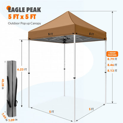 EAGLE PEAK 5x5 Pop Up Canopy Tent Instant Outdoor Canopy Easy Set-up Straight Leg Folding Shelter（Blue）
