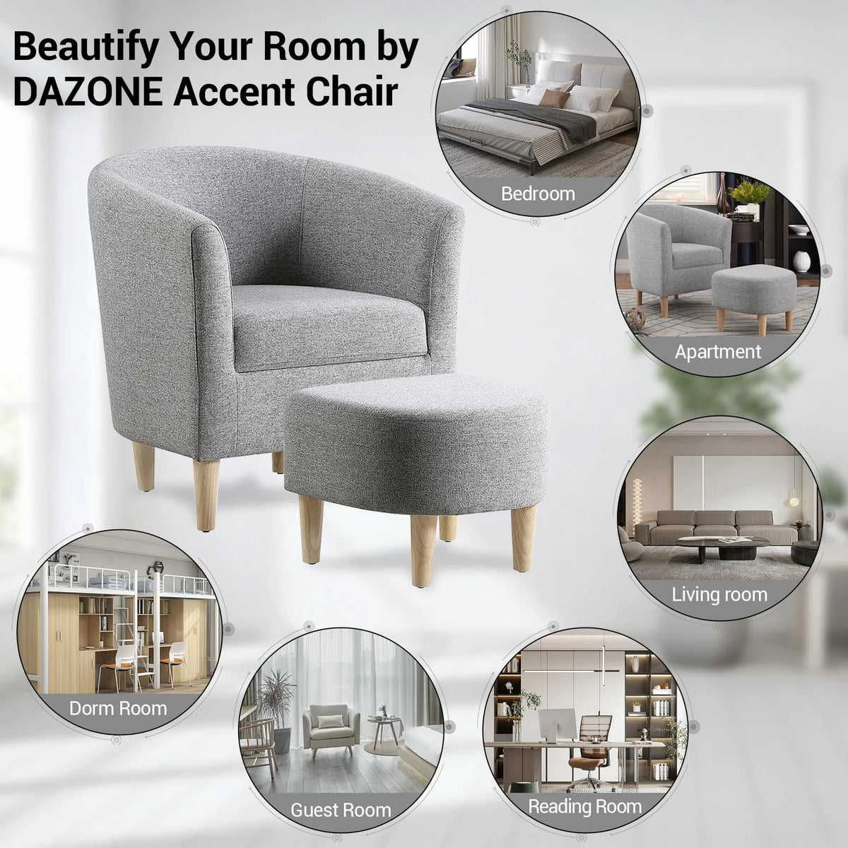 Lohoms Accent Arm Chair With Ottoman Set, Modern Home Leisure Chair with Footrest, Comfy Upholstered Armchair Single Sofa, Reading Chair with Solid Wood Legs for Living Room Bedroom, Gray